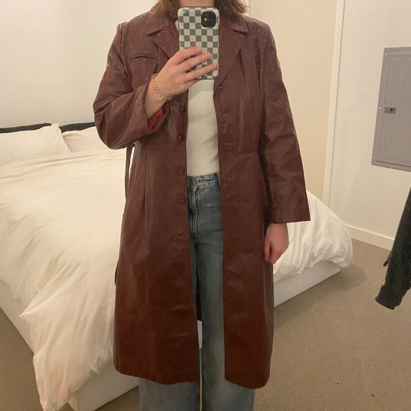 Brown/Burgundy Genuine Leather Trench Coat - Picture 1 of 6
